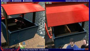 Graham and Alex playing splitscreen multiplayer Goat Simulator, with each of their goats in a ferris wheel cart.