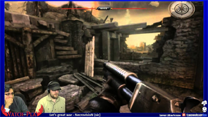 Cameron and Alex playing Necrovision, a very brown and grey first person shooter. The player character has a shotgun and is standing in a mostly destroyed building.