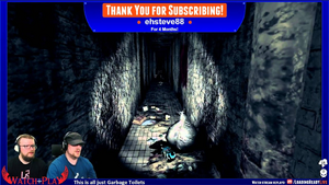 Graham and Alex playing 123 Slaughter Me Street. The player character shines a dim flashlight down a dark, trash-filled alley.