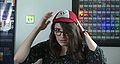 Kathleen wears a Worchester Polytechnic hat, sent by Maria, in Five Giraffes and a Bear.